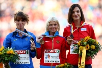 European Athletics Championships 2014 /Zurich, SUI. Awards ceremony of winners and prize-winners. 20km Race Walk Champion Elmira ALEMBEKOVA. Silver Lyudmyla OLYANOVSKA, UKR. Bronze Anezka DRAHOTOVÁ, CZE