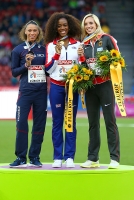 European Athletics Championships 2014 /Zurich, SUI. Awards ceremony of winners and prize-winners. 100m Hurdles Champion is Tiffany PORTER, GBR. Silver is Cindy BILLAUD, FRA. Bronze is Cindy ROLEDER, GER