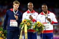 European Athletics Championships 2014 /Zurich, SUI. Awards ceremony of winners and prize-winners. 100 m Champion is James DASAOLU, GBR, Siver - Christophe LEMAITRE, FRA, Bronze - Harry AIKINES-ARYEETEY, GBR