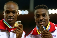 European Athletics Championships 2014 /Zurich, SUI. Awards ceremony of winners and prize-winners. 100 m Champion is James DASAOLU, GBR, Bronze - Harry AIKINES-ARYEETEY, GBR